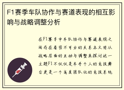 F1赛季车队协作与赛道表现的相互影响与战略调整分析
